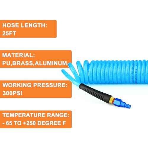 GASHER 1/4" x 25FT Reinforced Polyurethane Recoil Air Hose With Bend Restrictor, 1/4" AMT Universal Air Coupler, For Air Compressor