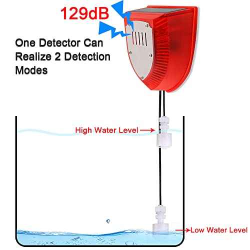 Solar Water Level Sensor, High/Low Water Level Alarm with Dual Probe, 129 dB Red Strobe Siren with Adjustable Volume, Bobber Water Detector, 16.4ft Detect Cord, IP55 Waterproof for Indoor /Outdoor