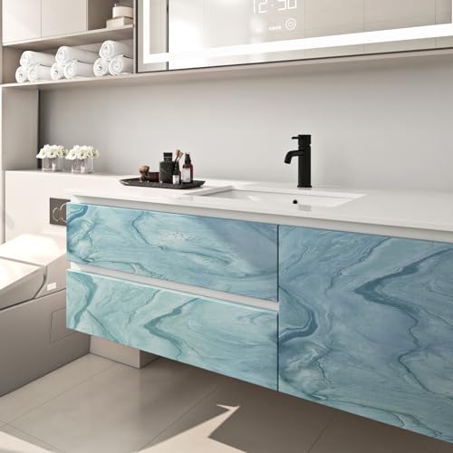 FunStick Thick Blue Liquid Marble Contact Paper for Countertops Waterproof Blue Marble Wallpaper Peel and Stick Countertops for Kitchen Bathroom Removable Marble Wall Paper for Cabinets Desk 15.8"x80"