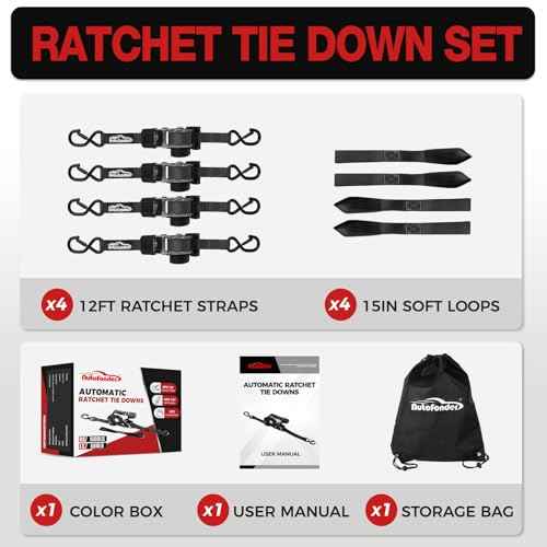 Retractable Ratchet Straps with Soft Loops (4 Pack)-(1,500lb Break Strength)-1 Inch x 12 Feet Heavy Duty Auto Self Retracting Tie Down Strap for Truck, Cargo Trailer, Motorcycle, Rad & More
