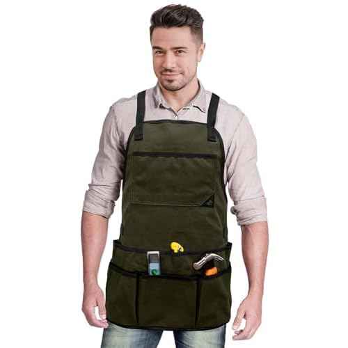 Under NY Sky Tool Apron - 20 Pockets and Slots, Cross-Back, Heavy-Duty Waxed Canvas - Woodwork, Garden, Shop (Green Cross-Back)