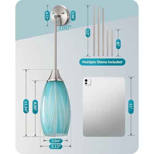 EDISHINE Pendant Lights Kitchen Island, Blue Handcrafted Art Glass Hanging Light, Blown Glass Pendant Light Fixtures Teal with Gold, Adjustable Brushed Nickel Rods, Hardwired Over Island Bar E26