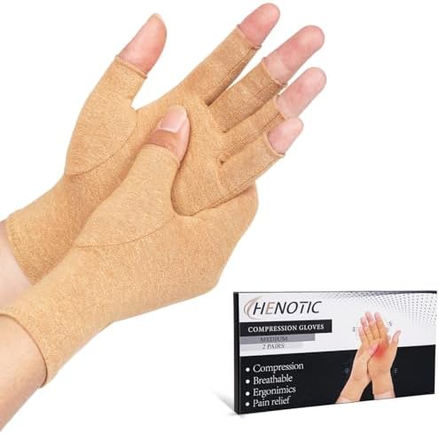 2 Pairs Arthritis Compression Gloves for Women Men, Fingerless Breathable & Moisture Wicking Compression Gloves for Relieving Carpal Tunnel Aches, Rheumatoid Pains, Joint Swell Nude M