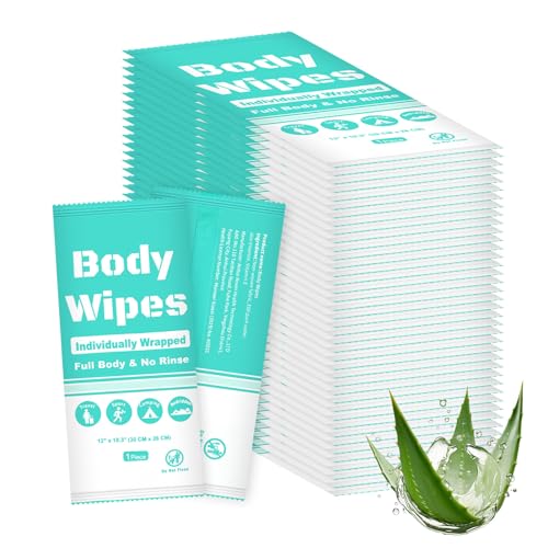 Individually Wrapped Body Wipes - Bulk Bath Wipes for Men & Women - Large, Disposable, No Rinse - Free Bathing Cloths - Perfect for Outdoors, Gym, Camping & Travel (50, Blue, 12 x 10.3 in)