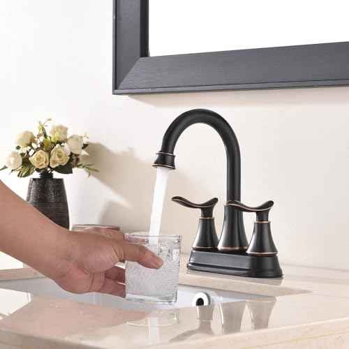 KINGO Bathroom Faucets for Sink 3 Hole, 2 Handle 4 inch Oil Rubbed Bronze Bathroom Sink Faucet with Pop-up Drain and Supply Hoses, Stainless Steel Lead-Free Centerset Faucets for Vanity RV, 2 Pack