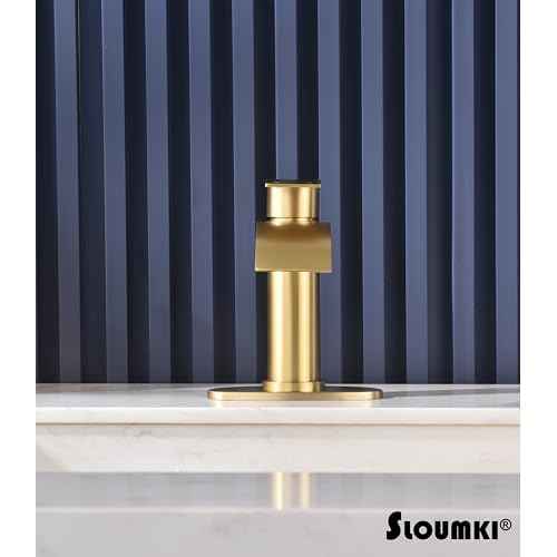 Brushed Gold Waterfall Bathroom Faucet Single Hole, Gold Bathroom Faucet for Sink 1 Hole with 6 in Deck Plate and Pop Up Drain and Supply Hose, Modern Bathroom Sink Faucet