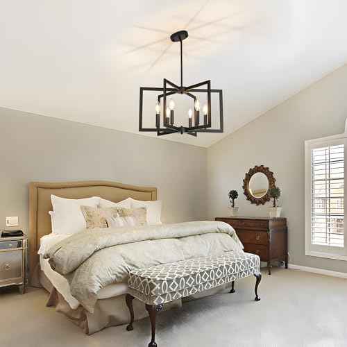6-Light Black Chandeliers for Dining Room,Modern Farmhouse Chandelier, Pendant Lights Kitchen Island,Geometric Industrial Metal Hang Lighting Fixture for Foyer Entryway Hallway Living Room