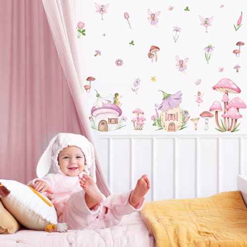 9 Sheet Fairy Mushroom Wall Decal Woodland Pink Mushroom Spring Floral Mural Sticker Peel and Stick Forest Nursery Wallpaper Decal for Bedroom Living Room Playroom Decor