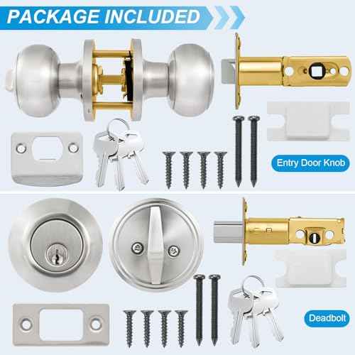 4 Pack Exterior Door Lock Set, Satin Nickel Door Knob and Deadbolt Combo Set, Keyed Alike Entry Door Knobs with Lock&Keys, Round Ball Door Locksets with Deadbolt for Entrance and Front Door