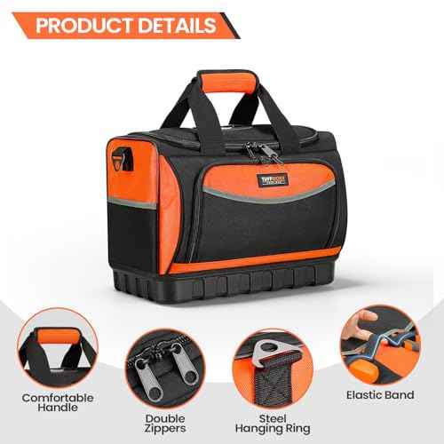 Tool Bag, Large Tool Organizer Bag with 18 Pockets,15.7x 11.4x 9.8 inch, Heavy Duty 600D Fabric, Black and Orange