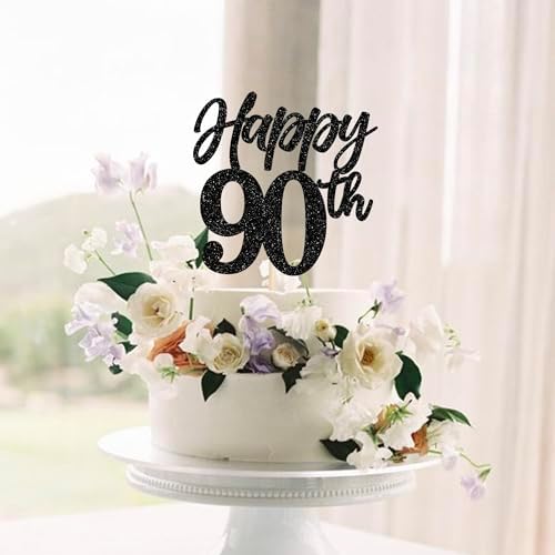 Rsstarxi 1 Pack Happy 90th Birthday Cake Topper Glitter Cheers to 90 Years Hello 90 Fabulous Cake Pick for Men Women Happy 90th Birthday Anniversary Party Cake Decorations Black