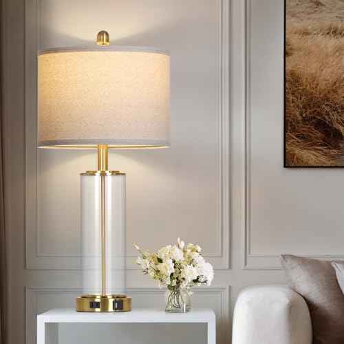 26" Gold Glass Table Lamp for Living Room Single, 3-Way Dimmable Touch Control Bedroom Lamps with USB C+A Ports & AC Outlet, Modern Bedside Lamp for Nightstand Side End Table (Bulb Included)