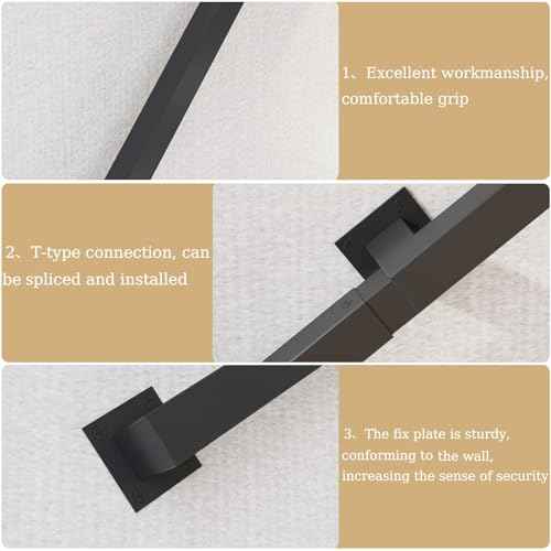 4FT Stair Railings Indoor, Black Iron Railings for Stairs, Industrial Handrail Wall Mounted, Hand Railing for Stairs Indoor 500lbs Load Capacity, Sturdy Stair Railing for Loft Porch Deck, 2 Sections