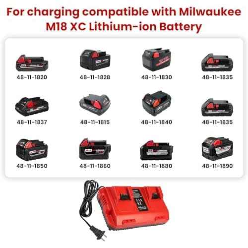 Fast Charger Replacement for Milwaukee M18 Battery Charger Station ? Dual Slot Charging Base Compatible with 18V Lithium-Ion Batteries, 48-11-1830, 48-11-1850, 48-11-1860, Smart LED Indicator