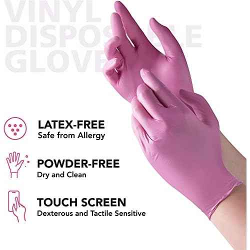 OriStout Disposable Gloves for Women, Pink Vinyl Gloves Disposable Latex Free for Cooking, Food Prep, Cleaning, Hair Dye, Tattoo, Medium Duty, Touch Screen, Small, 200 Pack