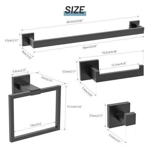 Black Towel Bar Bathroom Accessories Set, 23.6Inch Towel Rack for Bathroom, 10 Pieces SUS304 Stainless Steel Towel Racks Toilet Paper Holder Set for Bathroom Wall Mounted