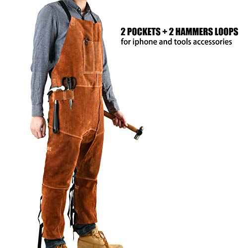 QeeLink Leather Welding Apron Split Leg for Men - Spark Flame Heat Resistant Bib Protective Chaps - Heavy Duty Cowhide Pants
