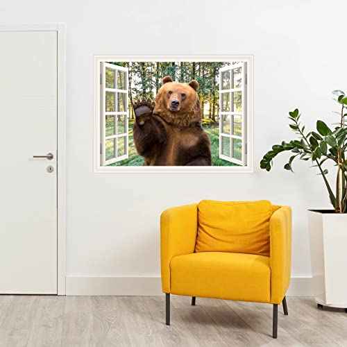 Bear Wall Sticker Decal Peel and Stick Brown Bear Window View Wall Mural Sticker for Bedroom Living Room Kids Boys Room Dorm Decor