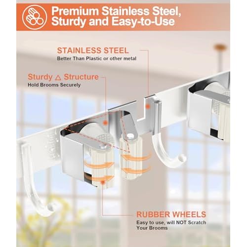 Broom Holder Over The Door Drilling Free Mop and Broom Holder with 4 Over Door Hook, Metal Mop and broom hanger Wall Mount Broom Storage Tool Organizer for Laundry Room Garage Bathroom - white