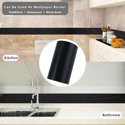 11Yard Peel&Stick Black Wood Grain Wallpaper Border Bathroom Mirror Frame Sticker Removable Waterproof Kitchen Wall Decor Tape (Black, 3.94Inch x 32.8Ft)
