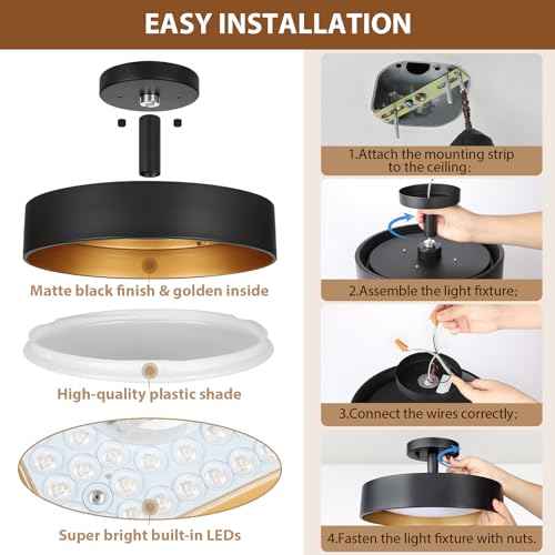SunRider Industrial Semi Flush Mount LED Ceiling Light Fixture, 12 Inch 25W 2000LM, 4000K Neutral White, Dimmable Pendant Lamp for Hallway Bedroom