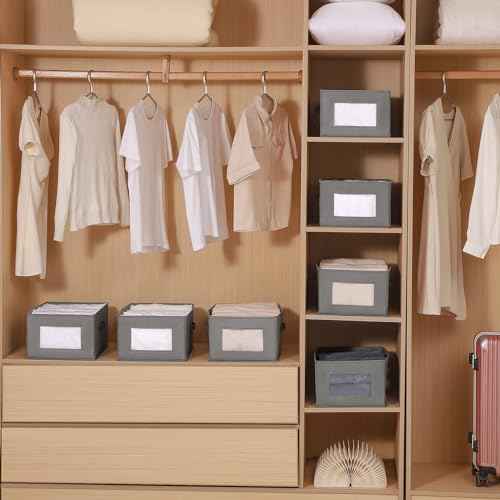 4 Packs Linen Storage Bins with Clear Window, Closet Organizers and Storage Containers with Handle, Large Storage Box Basket for Clothing, Jeans, Toys, Books, Shelves(18.50x11.02x7.87in.)