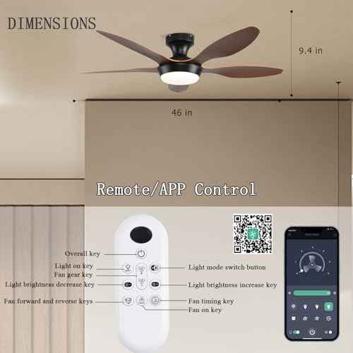 Ceiling Fans with Lights, 46 Inch Low Profile Ceiling Fan with Light and Remote Control, Flush Mount 6 Speeds Reversible Ceiling Fan, Dimmable Noiseless Ceiling Fans for Bedroom, Brown