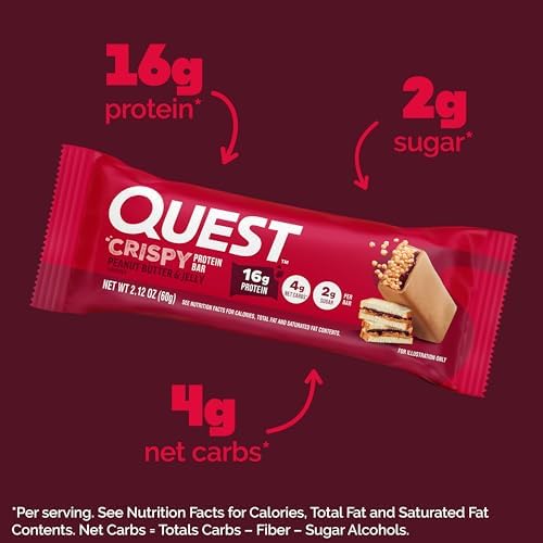 Quest Nutrition Crispy Peanut Butter & Jelly 16g Protein Bar, 2g Sugar, 4g Net Carbs, Gluten Free Snack, Keto Friendly, 12 Count