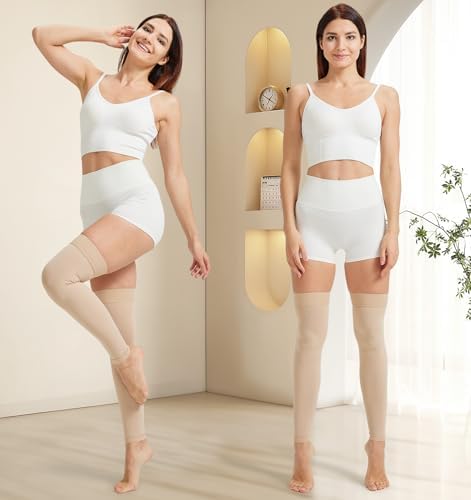 NURCOM 15-20 mmHg Compression Stockings for Women & Men, Footless Thigh High Compression Sleeves with Dot Silicone Band, Graduated Support Pressure Stockings-Ideal for Athletic, Medical, Travel Use