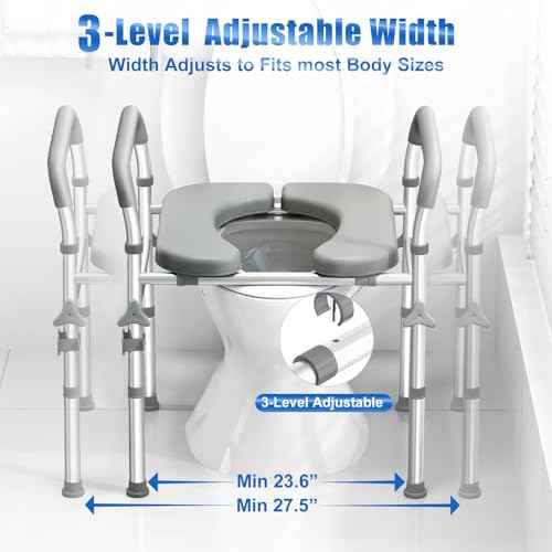 Raised Toilet Seat with Handles,2-in-1 Shower Chair & Toilet Seat Riser for Seniors, 8-Level Height & 3-Level Width Adjustment, Fits Must Body Sizes and Toilets, for Pregnant & Disabled