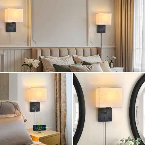 Bedside Wall Lamp for Bedroom, Plug in Wall Sconce - Dimmable Switch with AC Outlet & USB Charging Port, Fabric Shade, Black Wall Mounted Light for Living Room, Hotel