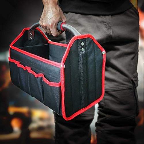 HAUTMEC 13 Inch Tool Bag, Foldable Open Top Tool Tote with Stiff Frame, 8 Pockets, Water-Resistant Molded Base & Padded Handle, Portable Electrician Tool Organizer for DIY & Jobsite Use ? TB0001