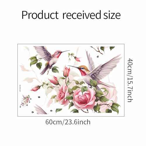 Pink Rose Hummingbird Flower Wall Stickers, sacinora Romantic Floral Art Bird Wall Decals Removable Vinyl Peel and Stick for Living Room Bedroom Nursery Playroom Kitchen Decorations