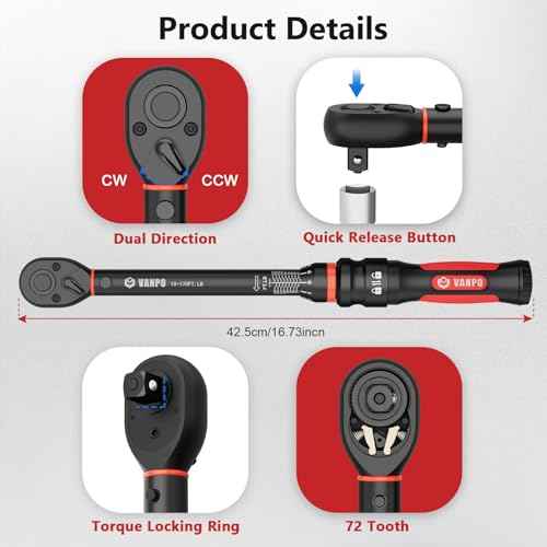 VANPO Torque Wrench 1/2-Inch Drive, 10-170.0ft.lb/13.60-230.5Nm,72 Tooth, TRP+ABS Plastic Handle, Click Torque Wrench with 1/2" to 3/8" Adapter & 125mm Extension Bar for Moto, Automotive Maintenance