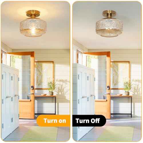 Semi Flush Mount Ceiling Light, Vintage Small Ceiling Light Fixture, Thickened Glass Hallway Lighting Fixture, Brass Kitchen Ceiling Mount Lighting with Amber Glass for Bedroom, Bathroom, Porch