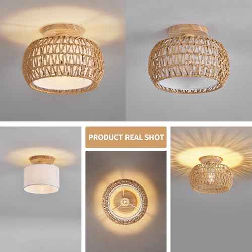 Rattan Ceiling Light Fixture£¬3 Style Options Boho Flush Mount Ceiling Lights, Hand-Woven Rattan Chandelier,Mini Bohemian Wicker Light Fixtures, Farmhouse Light Fixture for Bedroom Hallway Entryway