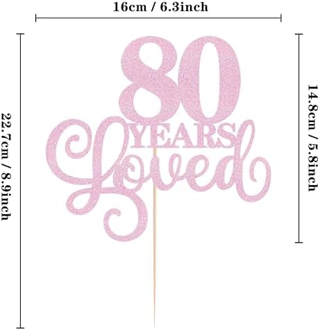 80 Years Loved Cake Topper - Pink Glitter 80th Birthday & Anniversary Cake Decoration for Women Men Party Supplies, Photo Booth Props