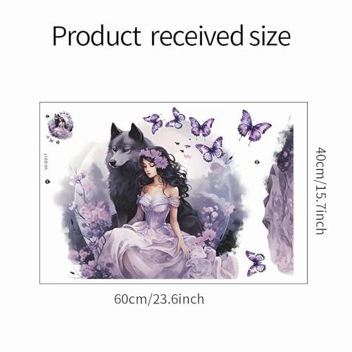 Purple Wolf Girl Butterfly Wall Stickers, sacinora Creative Cold Beauty Art Wall Decals Removable Vinyl Peel and Stick for Kids Women Bedroom Nursery Decoration