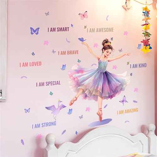 Lovely Dancing Ballet Girl Inspirational Quotes Wall Stickers, sacinora Butterfly Motivational Wall Decals Removable Vinyl Peel and Stick for Teens Girls Kids Nursery Bedroom Children¡¯s Room Art Decor