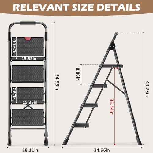 KINGRACK Step Ladder, Portable Folding Step Stool with Anti-Slip Wide Pedals, Heavy Sturdy Steel with Handrail, Safe-Lock Design, 800lbs Load Capacity, for Home and Kitchen, Black (4 Step Ladder)