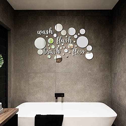 Nuanchu 30 Pcs Bathroom Wall Decals Brush Wash Flush Floss Stickers 3D Round Mirrors Wall Decal Self Adhesive DIY Acrylic Mirror Decor Beautiful Art Words Decor for Home Bedroom (Silver)