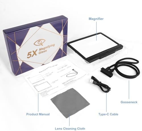 5X Hands Free Magnifying Glass with Light and Stand 43 Ultra-Bright LEDs, Page Magnifier for Reading, Neck Wear Large Magnifying Glass for Reading Small Prints Low Vision Elderly(Black)