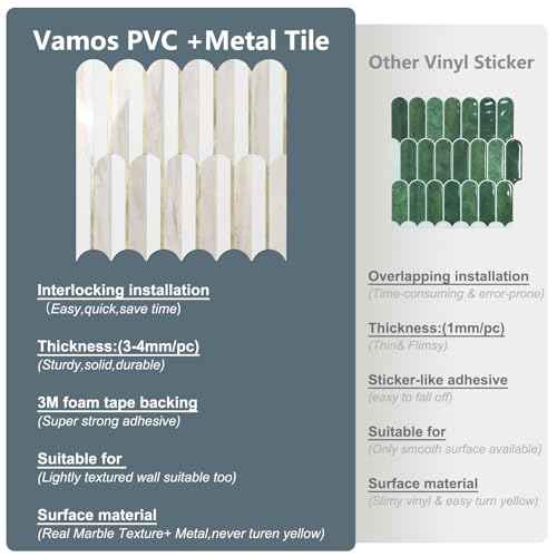 Vamos Tile Peel and Stick Backsplash Seamless Tile for Kitchen and Bathroom,White and Glossy Wooden Marble PVC Mixed Light Gold Self Adhesive Fish Scale Metal Mosaic Tiles (10 Sheets)