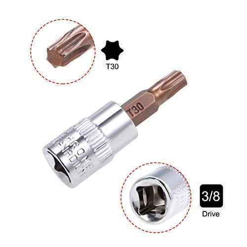 uxcell 3pcs 3/8" Drive x T30 Torx Bit Socket, S2 Steel Bits CR-V Sockets 38mm Length Use with Ratchet Wrench, Slide Bar, Extension Rod