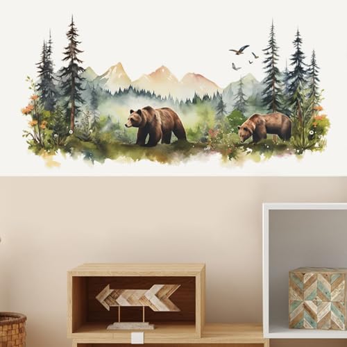 Animals Wall Stickers Mountain Forest Wall Decal for Nursery Bedroom, Wild Jungle Animal Wall Deals Vivid Bears Wall Art Murals Peel and Stick Home Decors for Study Room Living Room