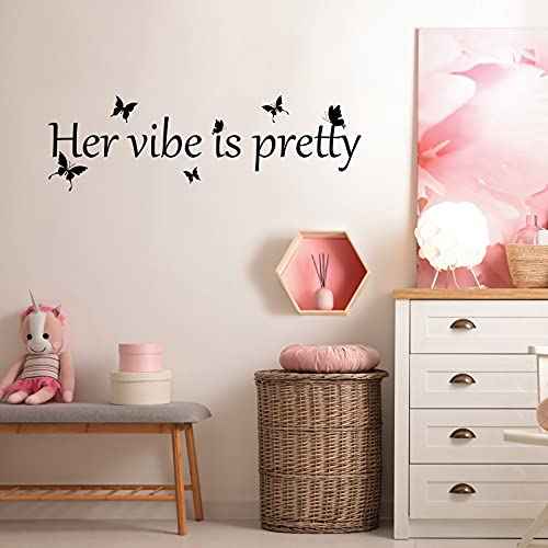 Her Vibe is Pretty Wall Decal Decor Vivid Butterflies Wall Sticker Inspirational Quotes Positive Wall Decal Sticker for Women Office 31.5 x 9.4 Inch (Simple Style,Black)