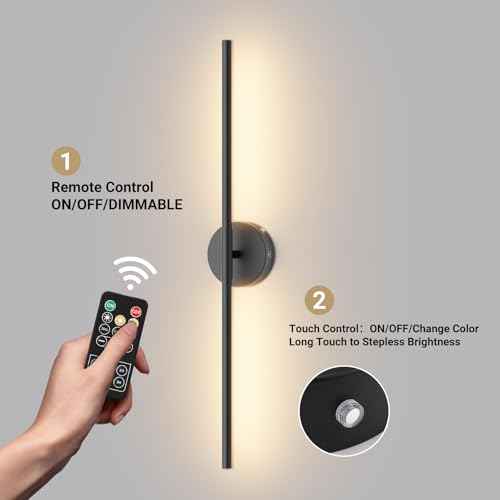 Tipace Battery Operated Wall Sconce with Remote Control,Wall Sconces Set of Two,3000K-6000K LED Wall Light for Bedroom,Hallway,Background Wall,350¡ÆRotate,28 Inch,Black(2 Pack)
