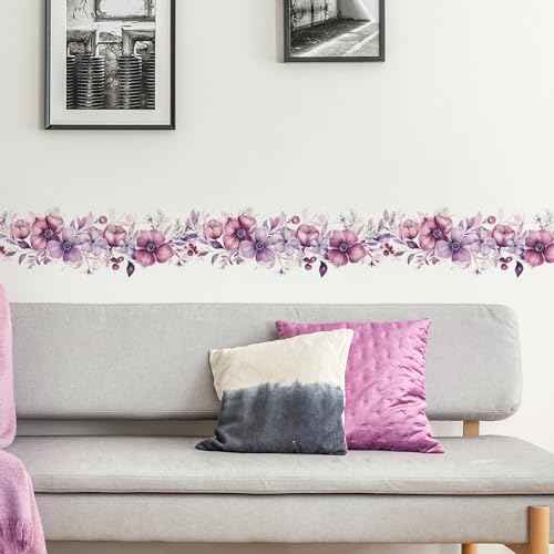 Romantic Purple-Pink Flower Vine Wall Stickers, sacinora Botanical Floral Art Peony Rose Daisy Wall Decals Removable Vinyl Peel and Stick for Living Room Bedroom Bathroom Kitchen Decoration