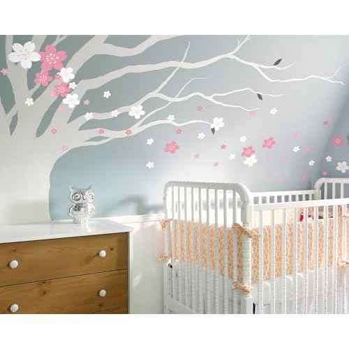 FLFK 55 Pcs Cherry Blossoms Wall Decals Peel and Stick Flower Wall Stickers for Nursery Living Room Bedroom Girls Room Home Decor