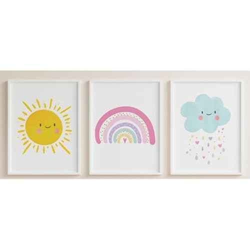 ShopHaven Pastel Rainbow Nursery Art Prints, Cute Rainbow, Sunshine Cloud, Nursery Art, 8x10 Wall Art Print, Girl Pastel Rainbow Nursery Prints, Set of 3 Art Print (Unframed)